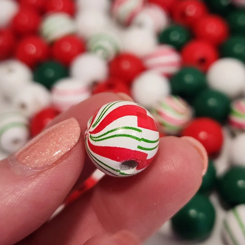 Christmas Wooden Beads Red Green White Peppermint Stripe Spiral Bulk Craft Lot